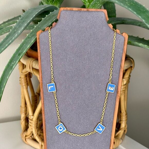 Tory Burch Jewelry - Tory Burch LOVE Necklace Gold Blue Enamel Letter Charms 18” Adjustable Chain